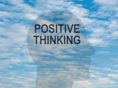 Word Positive Thinking On Transparent Head Silhouette Against A Blue Cloudy Sky, illustrationの写真素材