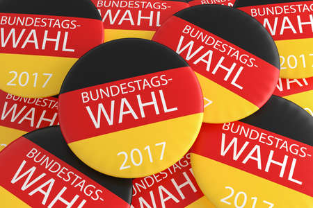 German Election Concept: Pile of Bundestag Election 2017 Buttons In German Language With Germany Flag, 3d illustrationの写真素材