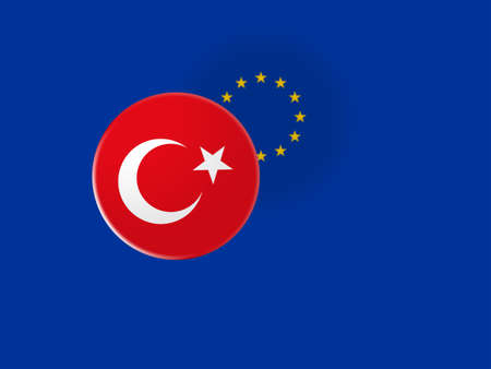 European Union Trade Concept: Turkey Flag Button On Blurred EU Flag, 3d illustrationの写真素材