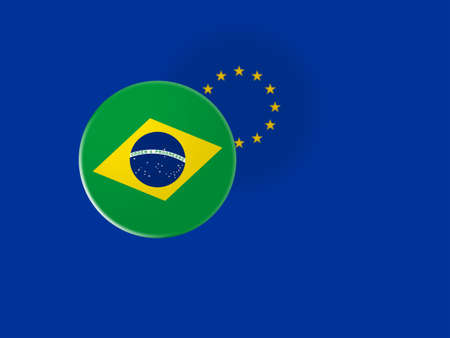 European Union Trade Concept: Brazil Flag Button On Blurred EU Flag, 3d illustrationの写真素材