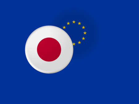 European Union Trade Concept: Japan Flag Button On Blurred EU Flag, 3d illustrationの写真素材