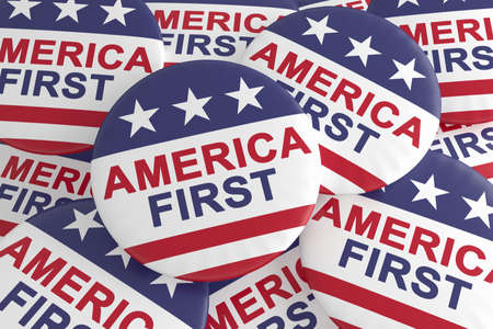 USA Politics Concept Badges: Pile of America First Slogan Buttons With US Flag, 3d illustrationの写真素材