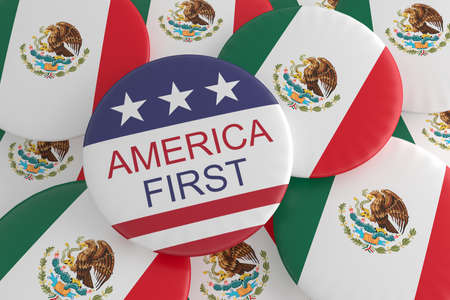 USA Politics Concept Badges: America First Slogan Button On Mexico Flag Buttons, 3d illustrationの写真素材
