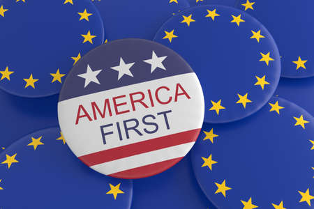 USA Politics Concept Badges: America First Slogan Button On EU Flag Buttons, 3d illustrationの写真素材
