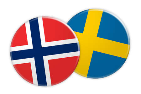 News Concept: Norway Flag Button On Sweden Flag Button, 3d illustration on white backgroundの写真素材