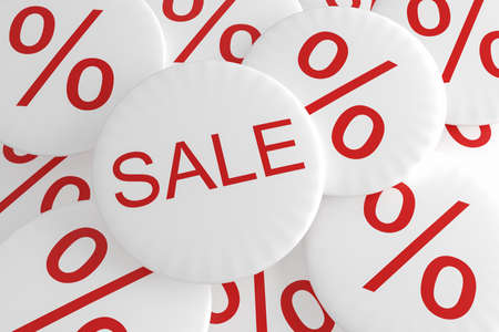 Shop Bargain Special Offer Badges: Pile of Percent Buttons With Sale Button, 3d illustrationの写真素材