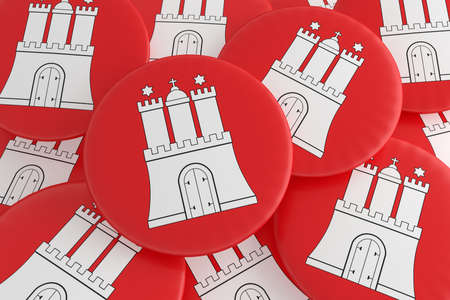 German States Badges: Pile of Hamburg Flag Buttons, 3d illustrationの写真素材