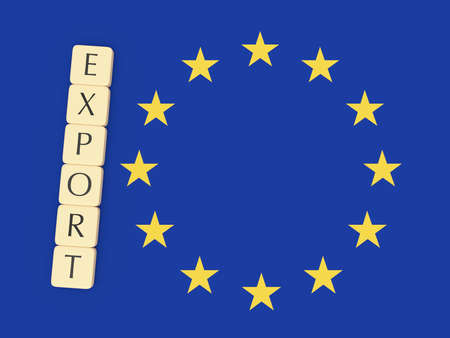 Trade Concept: Letter Tiles Export On EU Flag, 3d illustrationの写真素材
