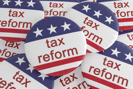 USA Politics News Badge: Pile of Tax Reform Buttons With US Flag, 3d illustrationの写真素材