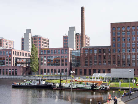 BERLIN, GERMANY - JUNE 21, 2017: Boats And Buildings At Tempelhofer Hafen, Meaning Harbor of Tempelhof In German Language, In Berlinのeditorial素材