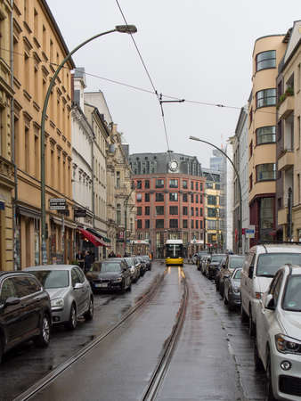 BERLIN, GERMANY - APRIL 23, 2017: BVG Tram In Oranienburger Street On A Rainy Day In Berlinのeditorial素材