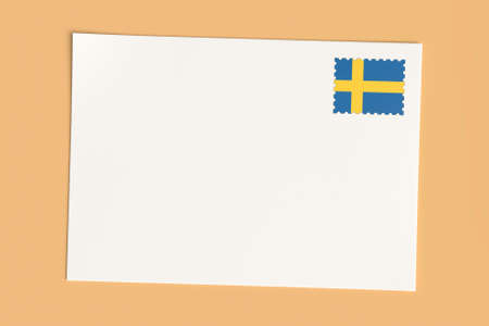 Letter Or Postcard From Sweden: Blank White Card with Swedish Flag Postage Stamp, 3d Illustration On...