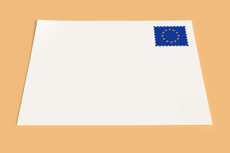 Letter Or Postcard From The EU: Blank White Card with European Union Flag Postage Stamp, 3d Illustration On Wooden Colorの写真素材