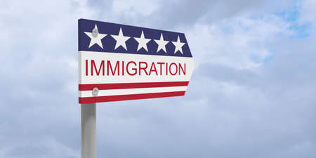 USA Politics Concept: Immigration Direction Sign With US Flag, 3d illustration isolated against...