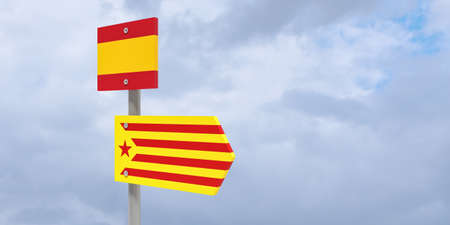 Spain Catalonia Independence Movement Concept: Catalan Estelada Flag Direction Sign, 3d illustration against cloudy skyの写真素材