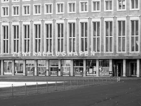 BERLIN, GERMANY - OCTOBER 21, 2018: Entrance To Former Tempelhof Airport, Called Zentralflughafen In German Language, In Berlin, Germany, Black And Whiteのeditorial素材