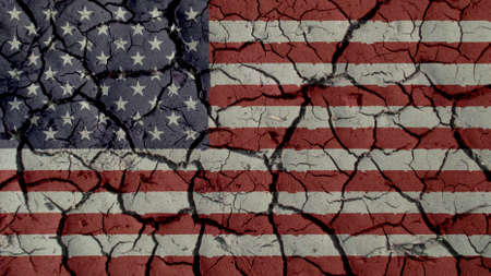 Political Crisis Or Environmental Concept: Mud Cracks With US Flagの写真素材