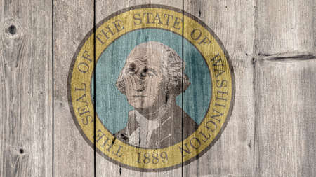 USA Politics News Concept: US State Washington Seal Wooden Fence Backgroundの写真素材