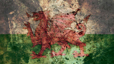 Very Grungy Vintage Welsh Flag, Wales Grunge Background Textureの写真素材