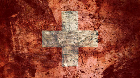 Very Grungy Vintage Swiss Flag, Switzerland Grunge Background Textureの写真素材