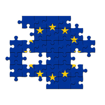EU Crisis Concept: Incomplete EU Flag Jigsaw Puzzle With Missing Pieces, 3d illustration Against A White Backgroundの写真素材