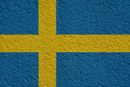 Sweden Politics Or Business Concept: Swedish Flag Wall With Plaster, Background Textureの写真素材