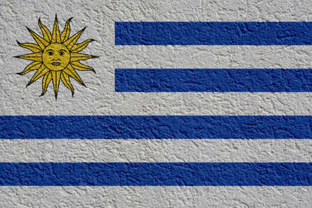 Uruguay Politics Or Business Concept: Uruguayan Flag Wall With Plaster, Background Textureの写真素材