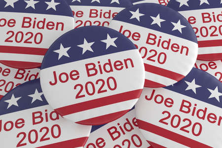 USA Politics Election News Badges: Pile of Joe Biden 2020 Buttons With US Flag, 3d illustrationのeditorial素材