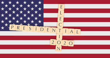 USA Politics News Concept: Letter Tiles Presidential Election 2020 With US Flag, 3d illustrationの写真素材