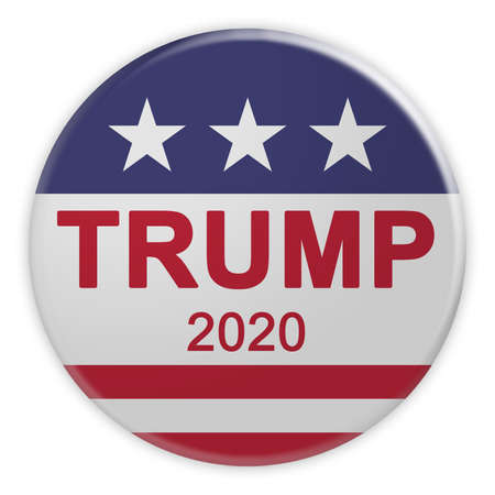 BERLIN, GERMANY - JULY 15, 2019: USA Politics News Badge: Trump 2020 Presidential Election Button With US Flag, 3d illustration On White Backgroundのeditorial素材
