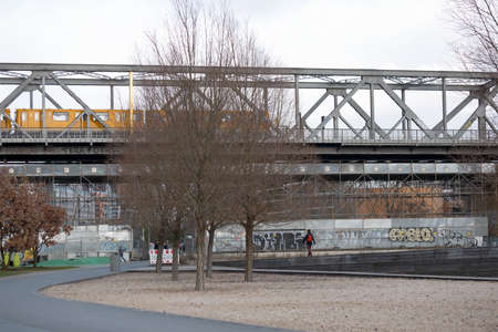 BERLIN, GERMANY - FEBRUARY 4, 2020: Yellow BVG Metro Train At Gleisdreieck Park Bridge in Berlin,...