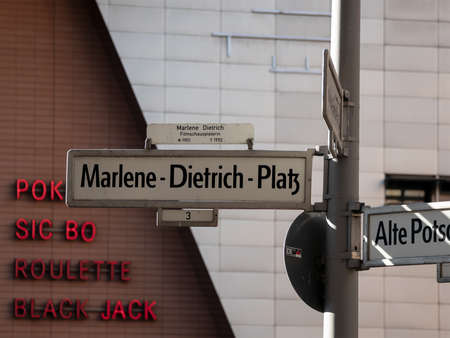 BERLIN, GERMANY - FEBRUARY 8, 2020: Street Sign of Marlene-Dietrich-Platz, Square in Berlin, Germanyのeditorial素材