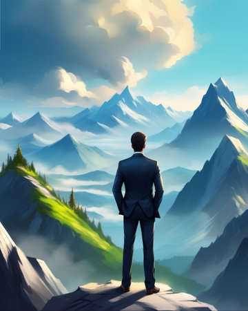 Business Man In A Suit Standing On Top Of A Mountain, Illustrationの素材