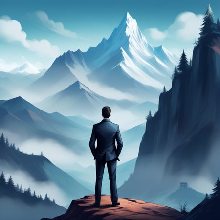 Business Man In A Suit Standing On Top Of A Mountain, Illustrationの素材