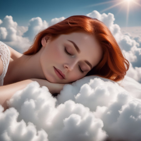 Photo pour A Red Haired Woman In A White Top Sleeps On Soft Comfortable Clouds, Illustration - image libre de droit