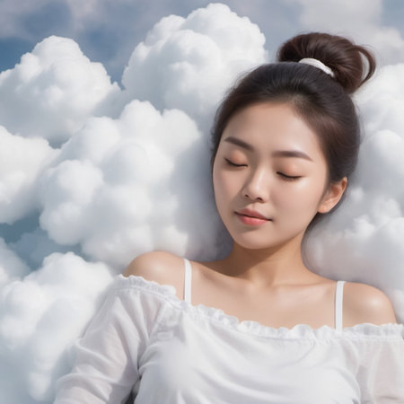 An Asian Woman In A White Top Sleeps On Soft Comfortable Clouds, Illustrationの素材