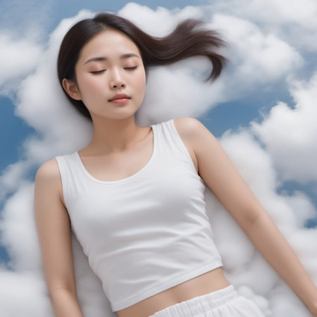 An Asian Woman In A White Top Sleeps On Soft Comfortable Clouds, Illustrationの素材