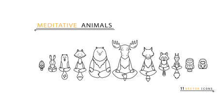 Meditative Animals series. Animal figures seated in the lotus position. Good for design of postcards, printed materials for those who are engaged in yoga. All figures are isolated.のイラスト素材