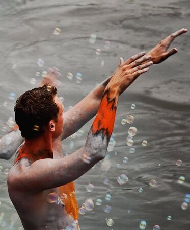 Amsterdam, The Netherlands-August 7,2010-Body painted dancer at Canal Parade of Gay Pride 2010, Amsterdamのeditorial素材
