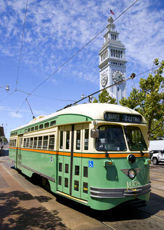 San Francisco Trolley Car moves through the street の写真素材