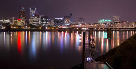 The Hawthorne Bridge stands pointing into downtown Portland Oregonの写真素材