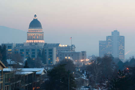 A hill provides scenic overlook for the captal and downtown Salt Lake Cityの写真素材