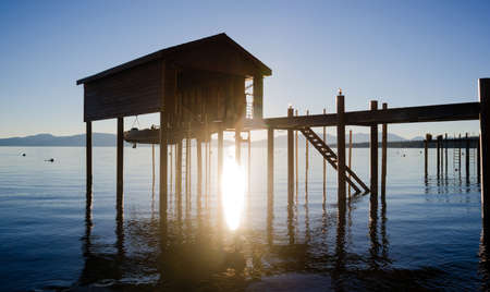 Clear water and blue skies on the lake in Tahoe Cityの写真素材