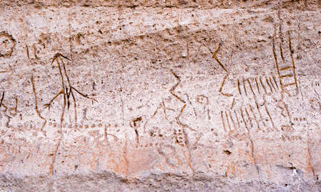 Carved petroglyphs and painted pictographs on the rock wall. All of the monumentâs rock imagery is located in the traditional territory of the Modoc people and their ancestors or predecessorsのeditorial素材