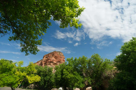 Beautiful blue skies above the rock butte at a Wyoming landmarkのeditorial素材