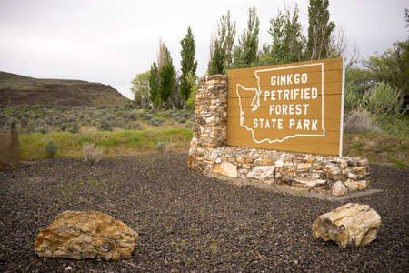 Petrified wood from the site helped make the entrance sign to Ginko Petrified Forestのeditorial素材