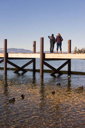 Ducks and People enjoy Lake Tahoe winter dayのeditorial素材