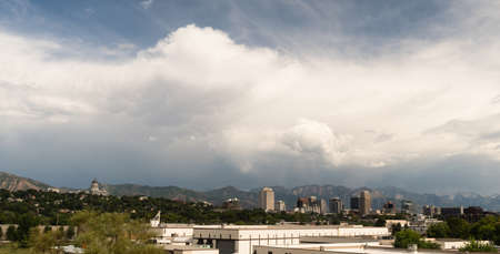 Panoramic view of Salk Lake City and the Utah State Capital Buildingの写真素材