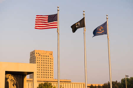 Morning comes with wind to the State Capital grounds at Bismarck, North Dakota
