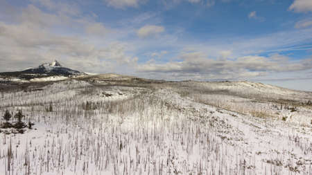 Burned forest below a mountain called Three Figered Jack in Oregon territoryの写真素材